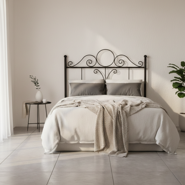 Cabecero de cama original de forja negra modelo Aracena en dormitorio minimalista de tonos neutros.