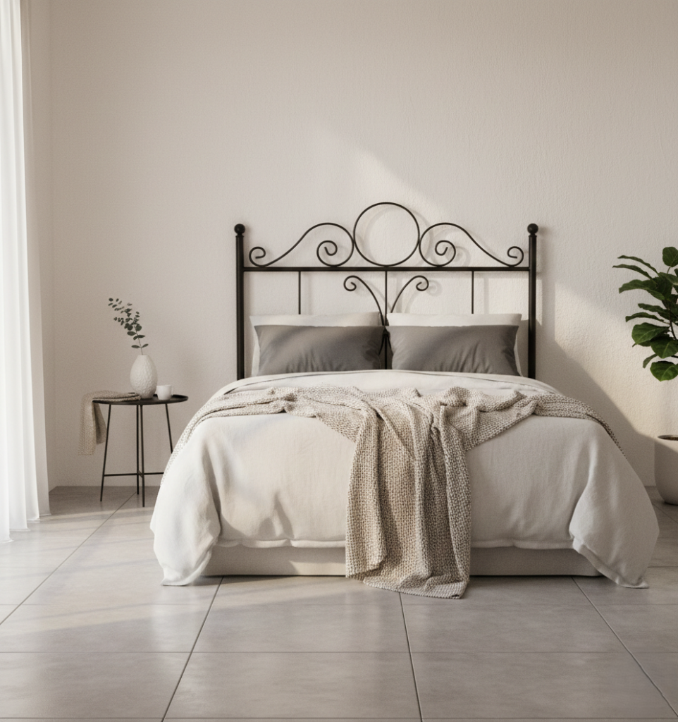 Cabecero de cama original de forja negra modelo Aracena en dormitorio minimalista de tonos neutros.