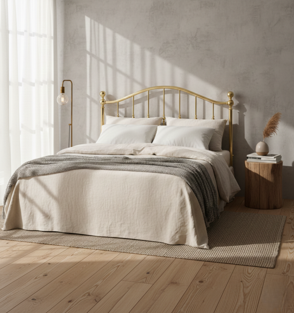 Cabecero de latón brillante modelo Vittoria de Peña Vargas para dormitorio moderno.