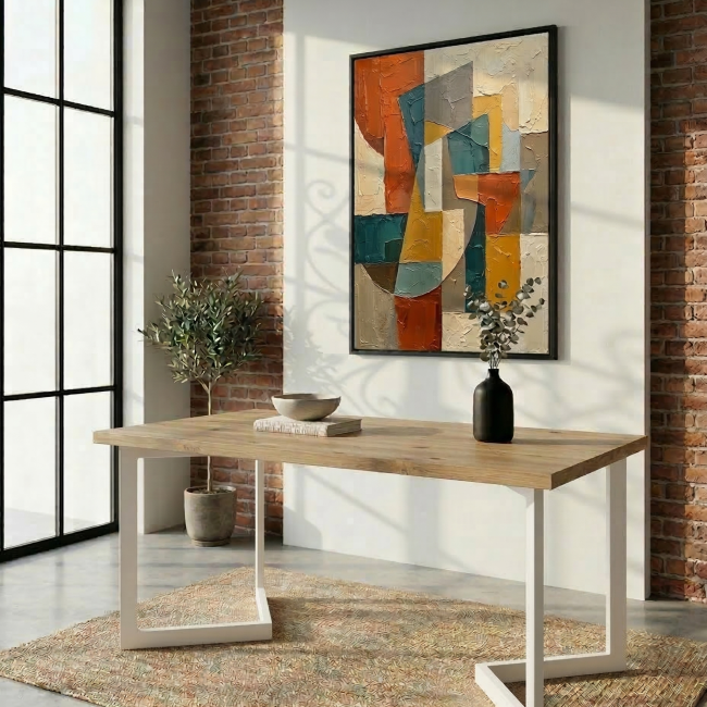 Mesa de forja moderna modela Alcalá en color blanco con tapa de melamina