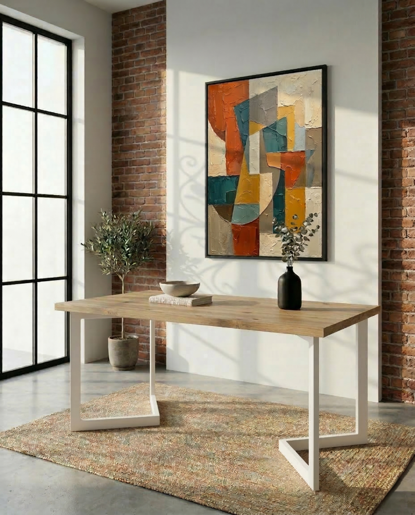 Mesa de forja moderna modela Alcalá en color blanco con tapa de melamina
