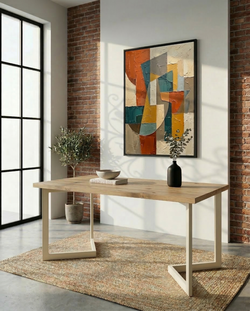 Mesa de forja moderna modela Alcalá en color marfil con tapa de melamina