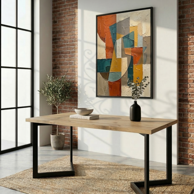Mesa de forja moderna modela Alcalá en color negro con tapa de melamina