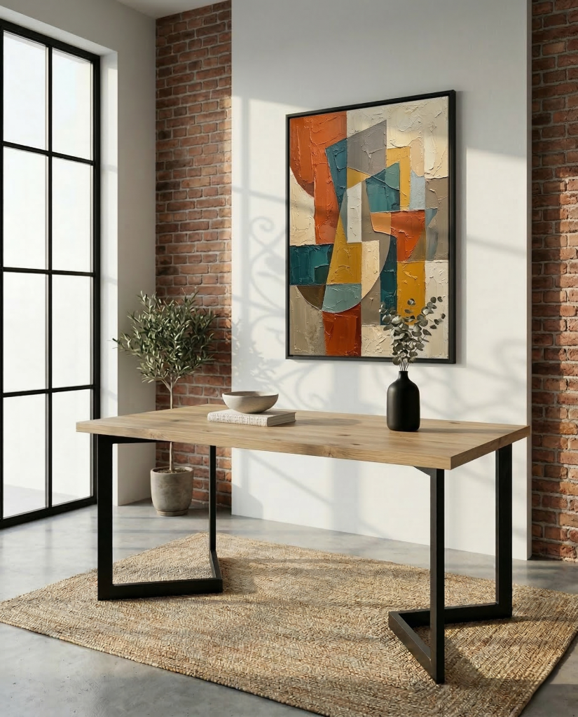 Mesa de forja moderna modela Alcalá en color negro con tapa de melamina