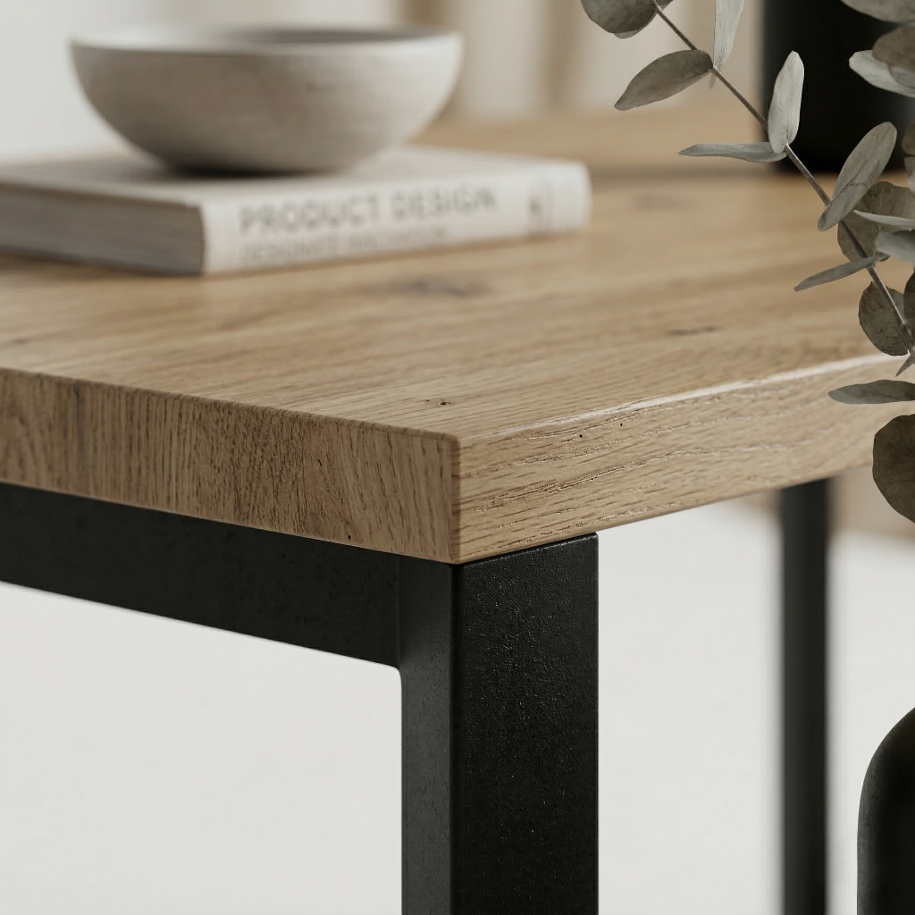 detalle de mesa de forja moderna modela Alcalá en color negro con tapa de melamina