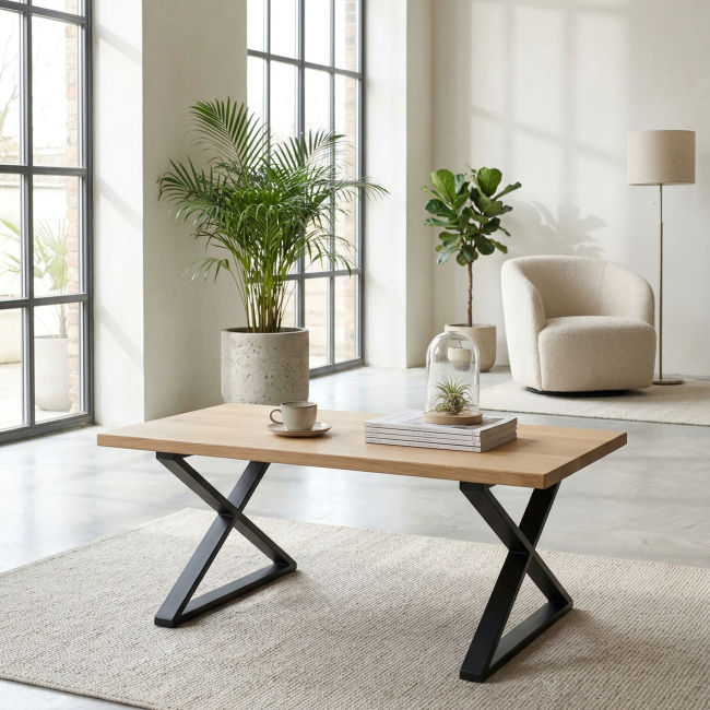 Mesa de centro industrial en color negro con tapa de madera de pino