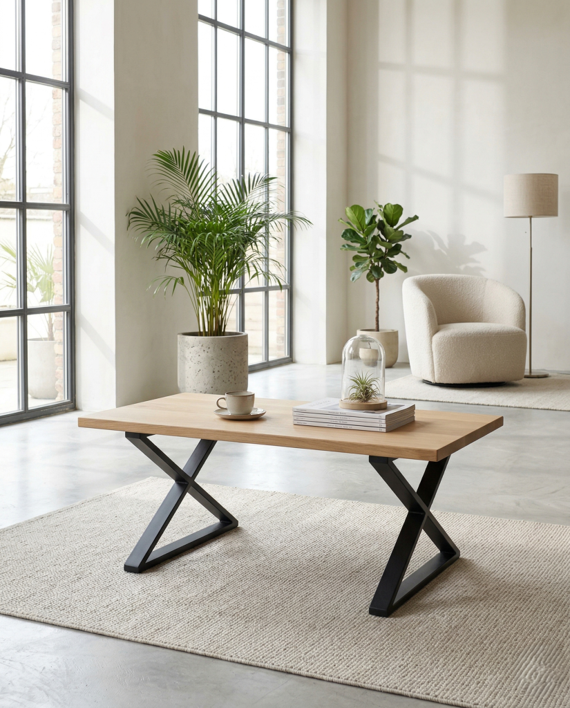 Mesa de centro industrial en color negro con tapa de madera de pino