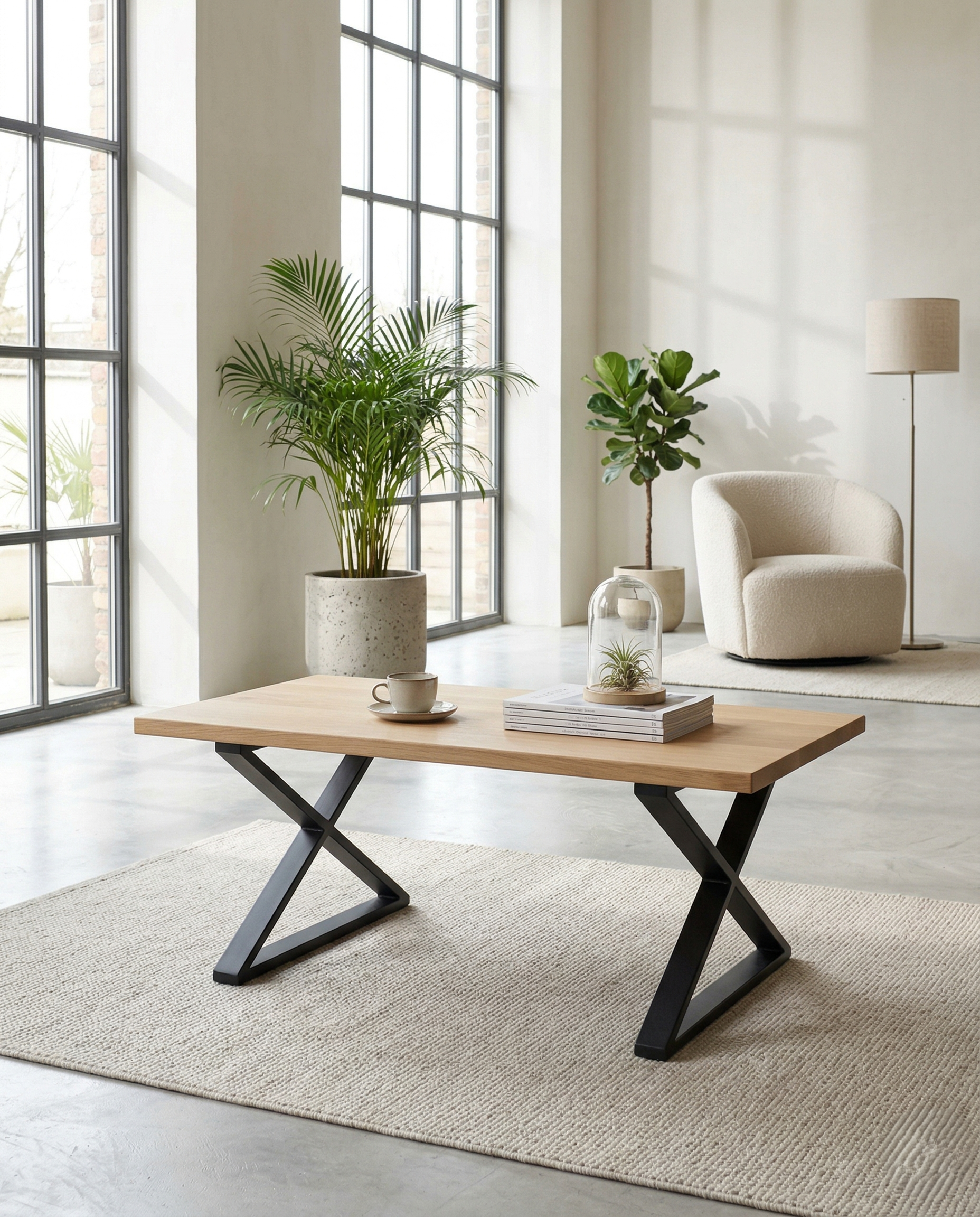 Mesa de centro industrial Sicilia en negro con tapa de madera de pino