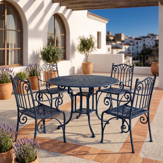 Conjunto mesa Teide-Marbella y sillón Azahara azul