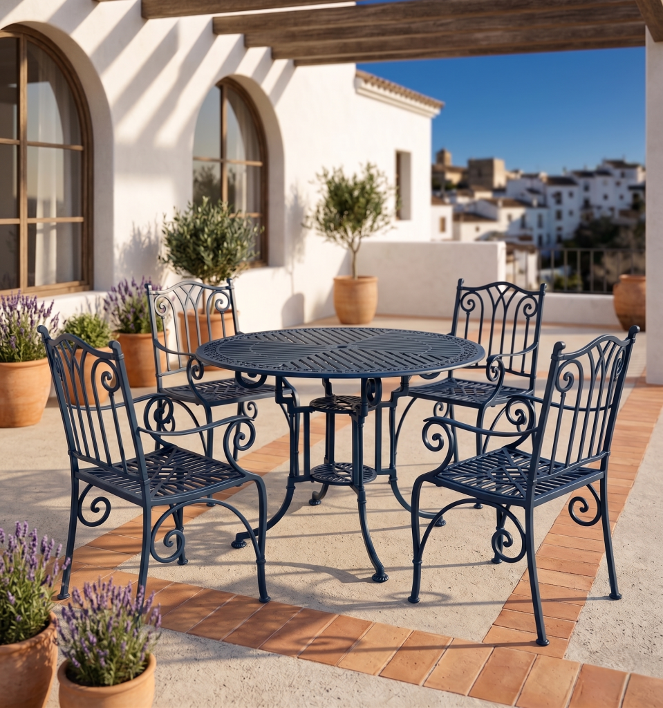 Conjunto mesa Teide-Marbella y sillón Azahara azul