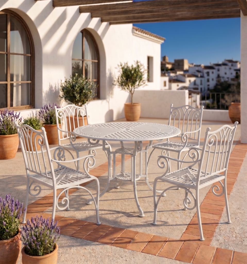 Conjunto mesa Teide-Marbella y sillón Azahara blanco