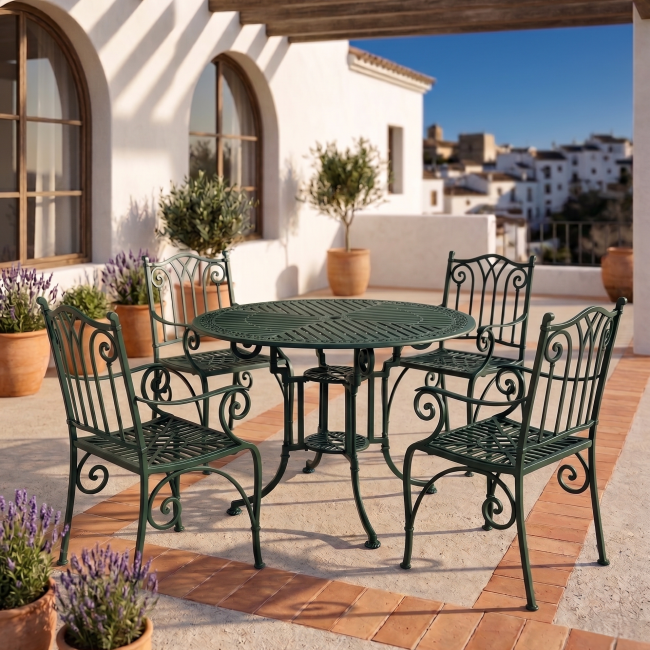 Conjunto mesa Teide-Marbella y sillón Azahara verde