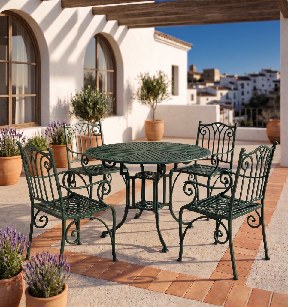 Conjunto mesa Teide-Marbella y sillón Azahara verde