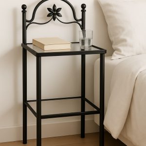 Mesita de noche Almería en negro junto a la cama