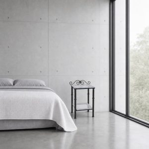 Mesita de noche de cristal Córdoba junto a la cama en un dormitorio